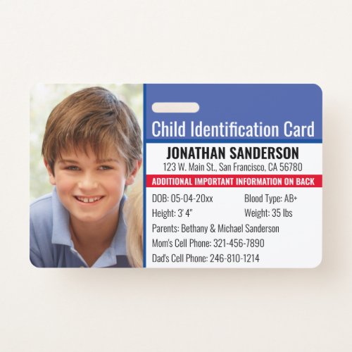 Photo Identification Emergency Allergy Child ID Badge
