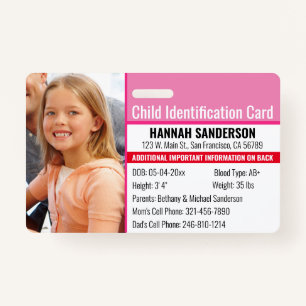 Photo Identification Emergency Allergy Child ID Badge
