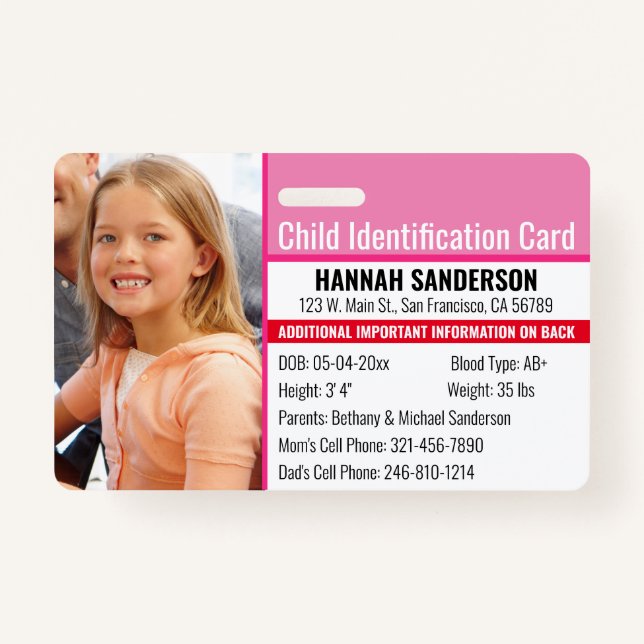 Photo Identification Emergency Allergy Child ID Badge (Front)
