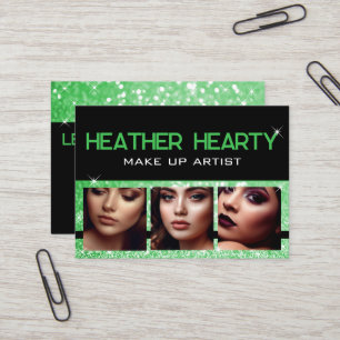 Photo Image Template Luxury Green Glitter Stars Business Card