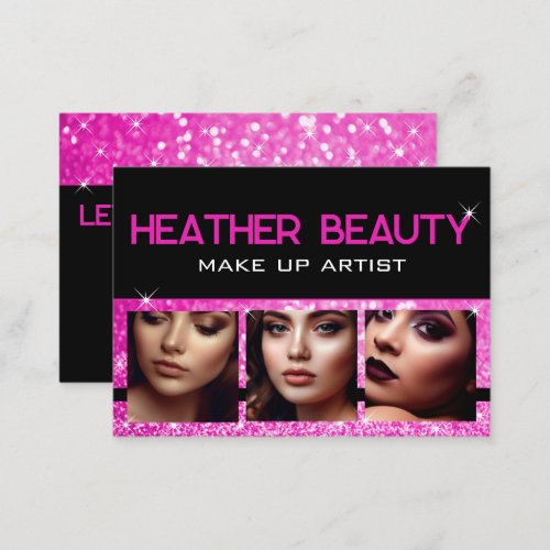 Photo Image Template Luxury Neon Girl Pink Glitter Business Card