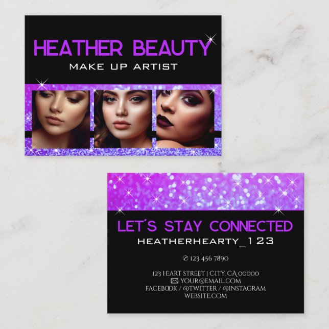 Photo Image Template Luxury Neon Purple Glitter  Business Card (Front/Back)