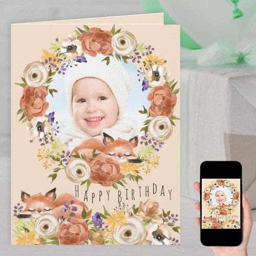 Photo in Floral Wreath with Woodland Fox Birthday Card