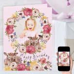Photo in Floral Wreath Woodland Deer Pink Birthday Card<br><div class="desc">Pretty birthday card for a special little girl with her photo and custom messages inside. The design features a pretty floral wreath and matching border with full bloom roses, delicate flowers and woodland deer. Inside the sample wording is fully editable and currently reads "hip hip hooray [name is age] today...</div>