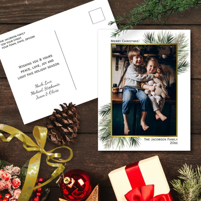 Photo in Gold Frame with Pine Branches Christmas Holiday Postcard (Front and Back)
