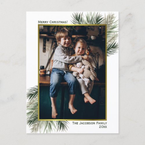 Photo in Gold Frame with Pine Branches Christmas Holiday Postcard