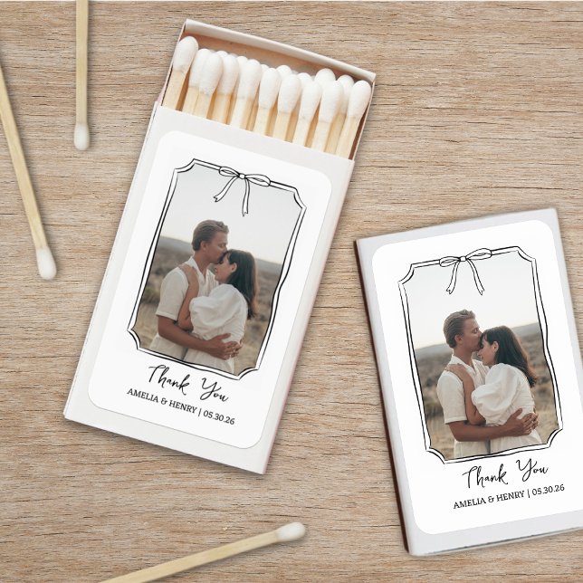 Photo in Hand Drawn Coquette Bow Frame Wedding Matchboxes (Elegant personalized matchboxes featuring your favorite photo, perfect thank-you wedding favor!)