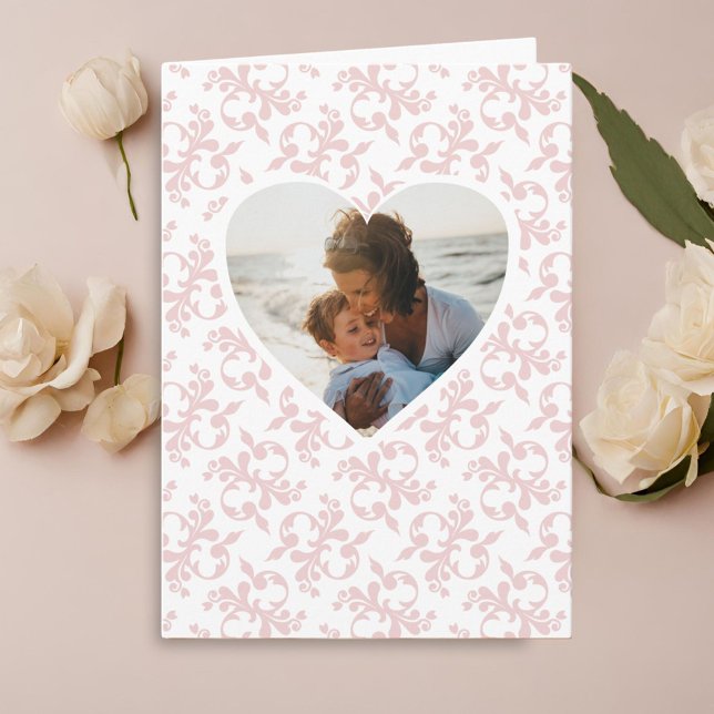 Photo in Heart Pink Rococo Pattern Mother`s Day  Card (Creator Uploaded)