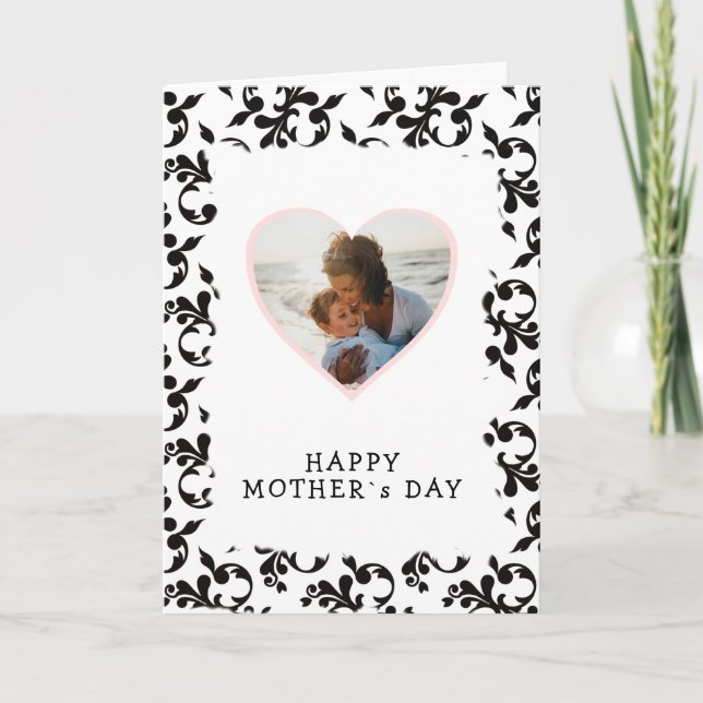 Photo in Heart Rococo Pattern Mother`s Day Card (Front)