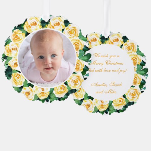 Photo in Watercolor Floral Wreath of Yellow Roses Ornament Card