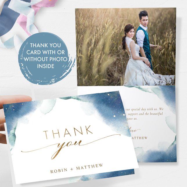 Photo Inside, Celestial Watercolor Wedding  Folded Thank You Card (Creator Uploaded)