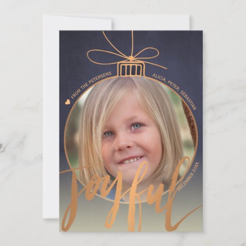 Photo Inside Christmas Tree Decor Rose Gold Joyful Holiday Card