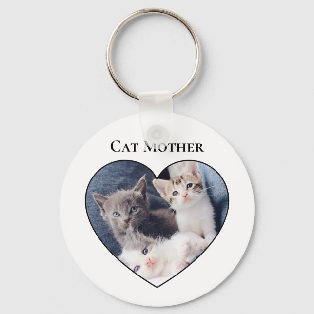 Photo Inside Heart Shape Cat Mother's Day Button Keychain (Front)