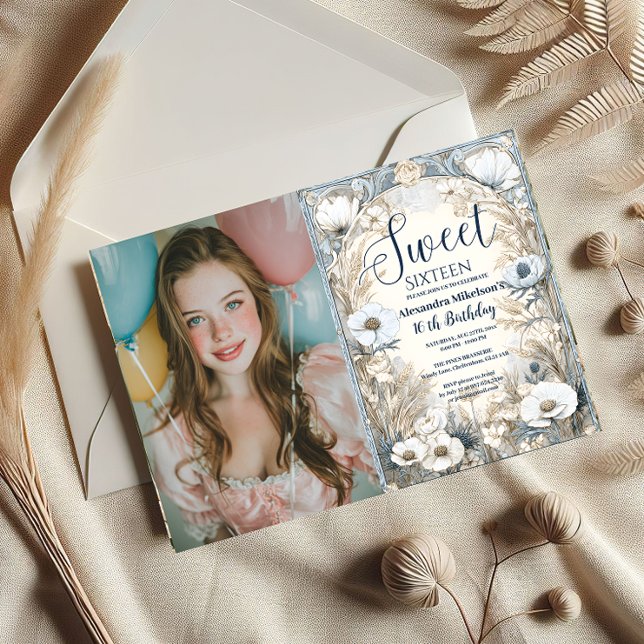 Photo Ivory Wildflower Art Nouveau Sweet Sixteen Invitation (Creator Uploaded)