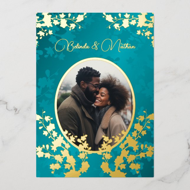 Photo  Jewel Tone Floral Wedding  Foil Invitation (Front)