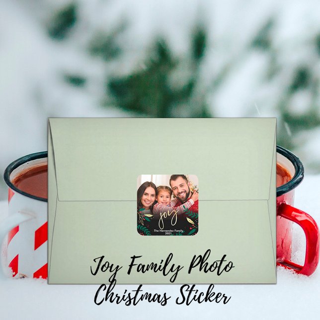 Photo Joy Black Red Green Gold Greenery Christmas Square Sticker (Creator Uploaded)