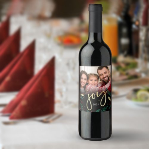 Photo Joy Black Red Green Gold Greenery Christmas Wine Label