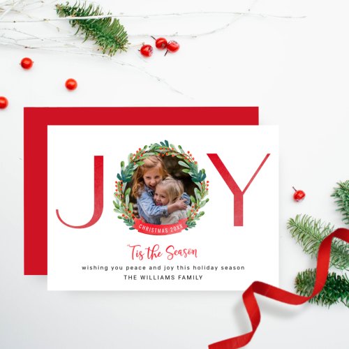Photo Joy in Greenery and Holly Personalized  Holiday Card