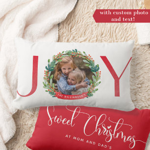 Photo, Joy Photo Overlay Greenery Holly Wreath Lumbar Pillow