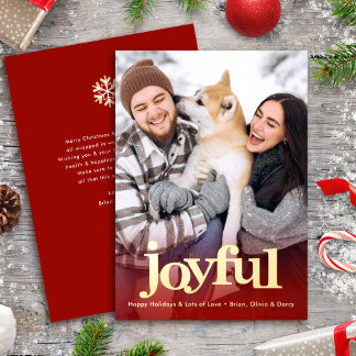 Photo Joyful Bold Type Christmas Red Real Gold Foil Holiday Card
