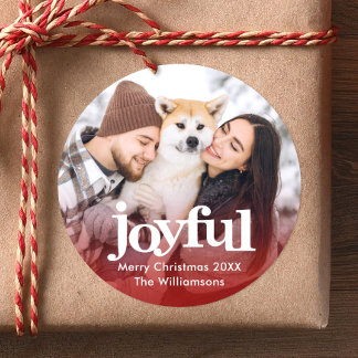 Photo Joyful Bold Typography Modern Red Christmas Classic Round Sticker