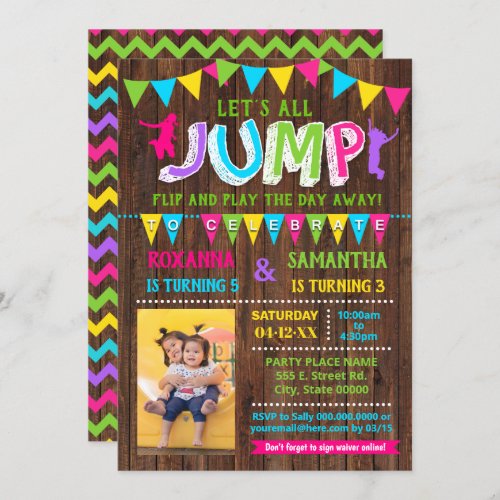 Photo Jump birthday trampoline combined party Invitation