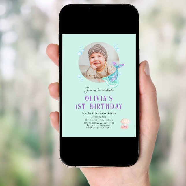 Photo Kids Birthday Invitation, purple teal Invitation (Front Digital)