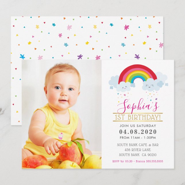 PHOTO KIDS BIRTHDAY PARTY colorful bright rainbow Invitation (Front/Back)