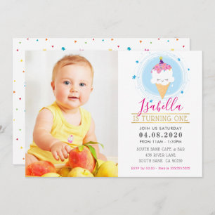 PHOTO KIDS BIRTHDAY PARTY colorful cute icecream Invitation