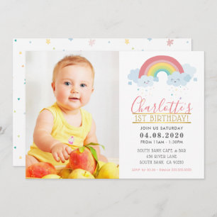 PHOTO KIDS BIRTHDAY PARTY colorful pastel rainbow Invitation