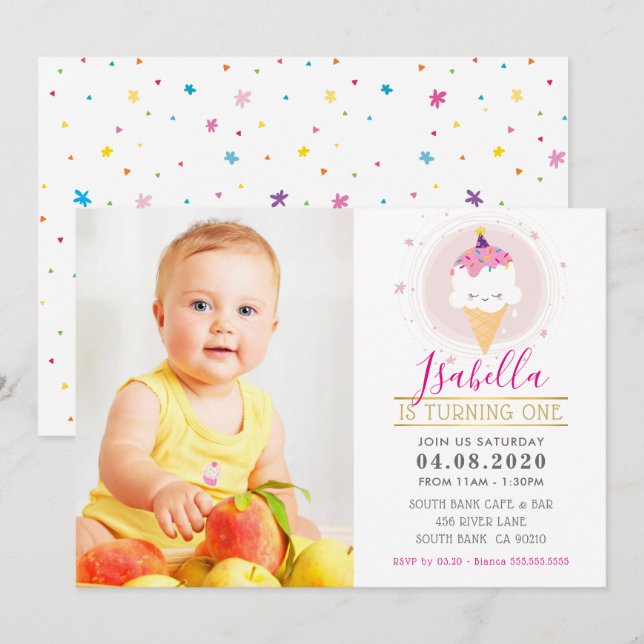 PHOTO KIDS BIRTHDAY PARTY colorful sweet ice cream Invitation (Front/Back)
