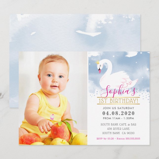 PHOTO KIDS BIRTHDAY PARTY swan princess blue pink Invitation (Front/Back)