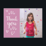 Photo Kids Birthday Thank you card Postcard<br><div class="desc">Personalized kids thank you card,  complete with handwritten white hearts,  custom color background,  and photo template so you can add a photo of your child.</div>