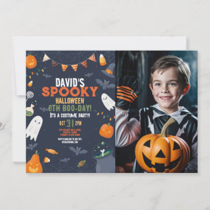 Photo Kids Halloween Birthday Party Pumpkins Boys Invitation