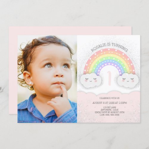 Photo Kids Rainbow  Clouds Birthday Invitation