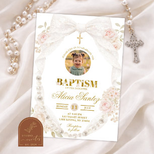 Photo Lace Ivory Bow Pearl Baptism Invitation