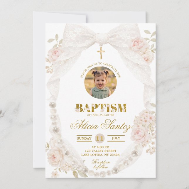Photo Lace Ivory Bow Pearl Baptism Invitation (Front)