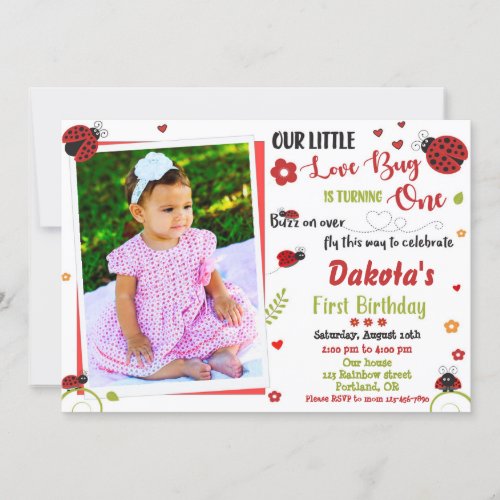 Photo Ladybug 1st birthday invitation Girl love