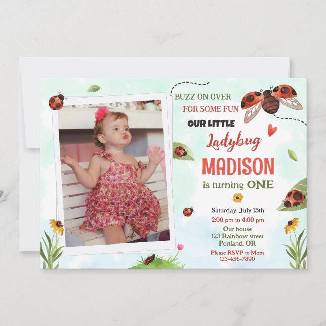 Photo ladybug 1st birthday invitation Girl lovebug (Front)