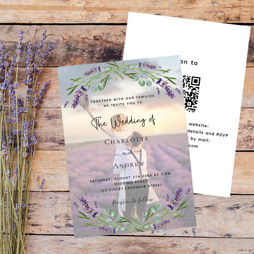 Photo lavender florals QR code RSVP luxury wedding Invitation