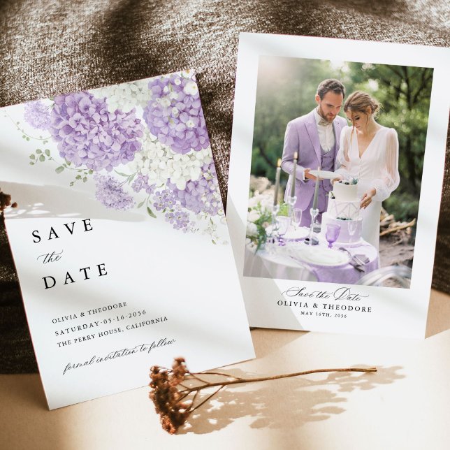Photo Lavender Lilac White Floral Wedding Save The Date (Lavender white photo save the date card with hydrangea floral, lilac romantic wedding stationery)