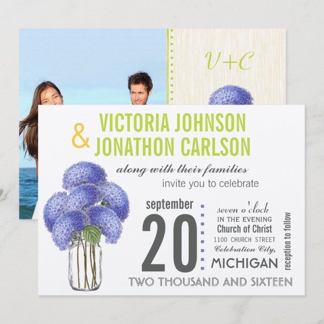 Photo Lavender Lime Hydrangea Mason Jar Wedding Invitation (Front/Back)