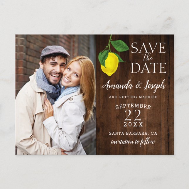 Photo Lemon Rustic Wood Save the Date | Announcement Postcard (Front)