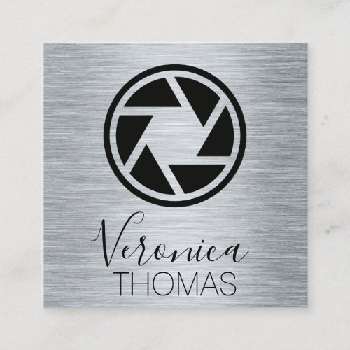 Photo Lens Icon  Metallic Background Square Business Card