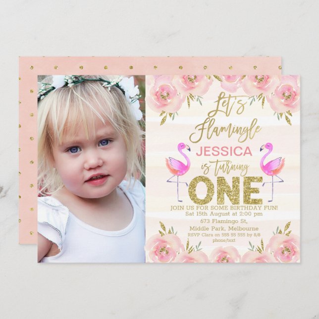 Photo let's flamingle first birthday invitation (Front/Back)