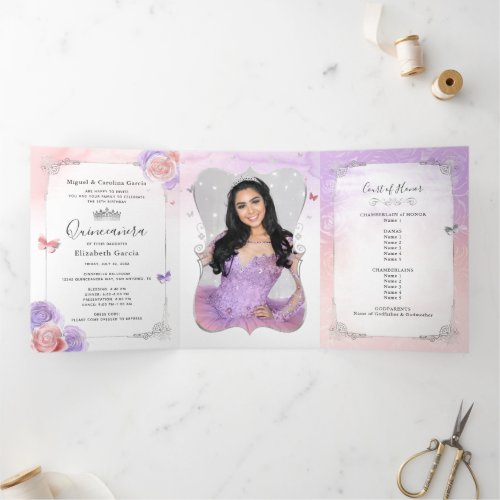 Photo Light Purple and Pink Floral Quinceanera Tri_Fold Invitation
