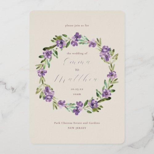 Photo Lilac Purple Botanical Wreath Wedding Foil Invitation