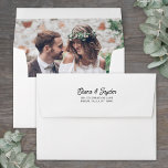 Photo Lined Retro Script Return Address Wedding Envelope<br><div class="desc">Add a stylish personalized touch to wedding invitations, announcement cards, save the dates and thank you notes with chic custom photo-lined pre-addressed envelopes. The picture and all wording on this template are simple to customize. The modern black and white design features trendy retro script calligraphy names, elegant classic typography return...</div>