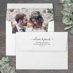 Photo Liner &amp; Return Address Simple Script Wedding Envelope