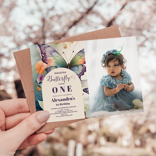 Photo Little Butterfly Girls 1st birthday Invitation